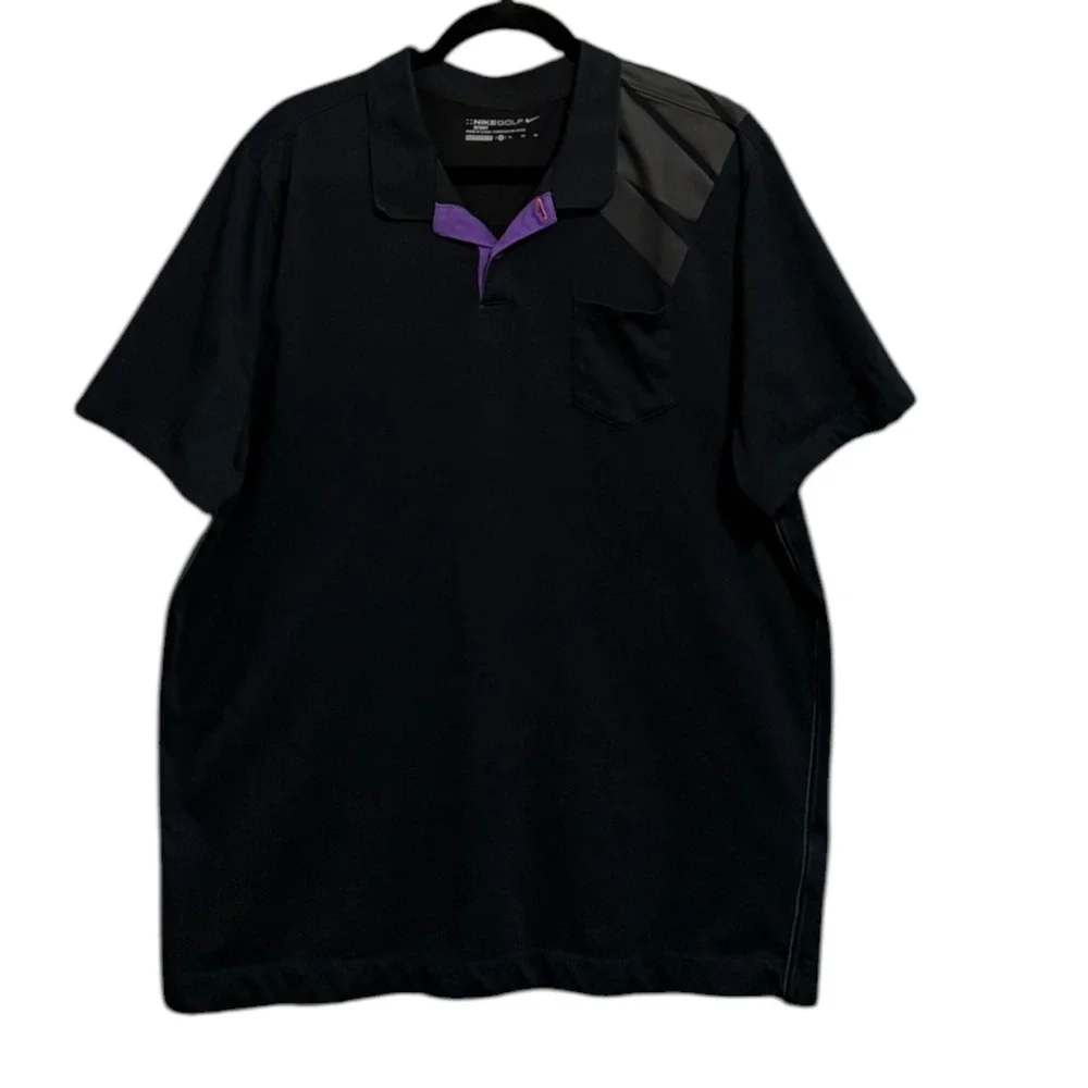 Nike Golf Sport Mens XL Black Purple Placket Graphic Shoulder Pocket Polo Shirt